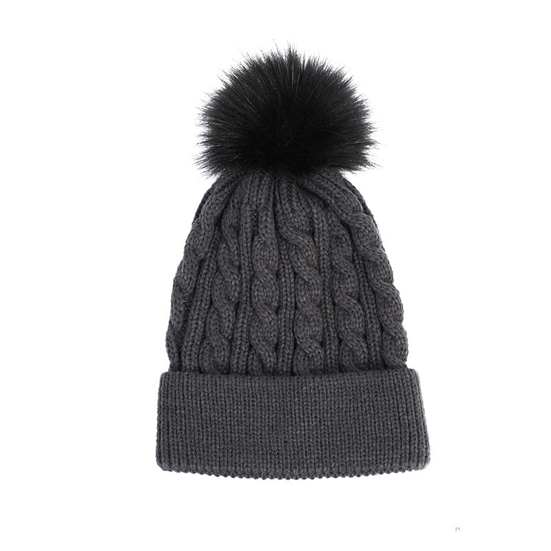 Knit beanie hat beige with pom pom