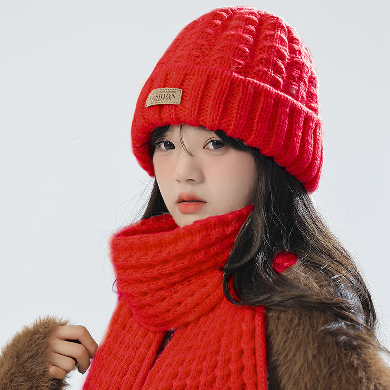 Stylish beige knit hat with matching scarf