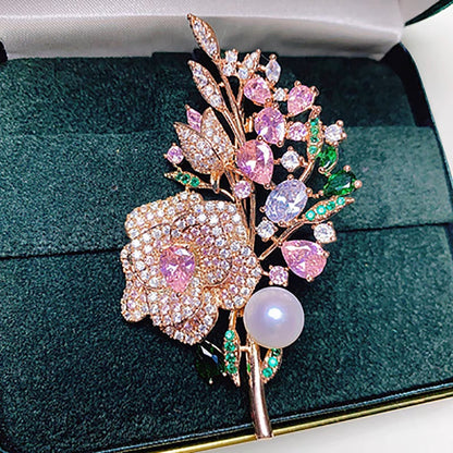 Alloy rhinestone rose bouquet brooch front view