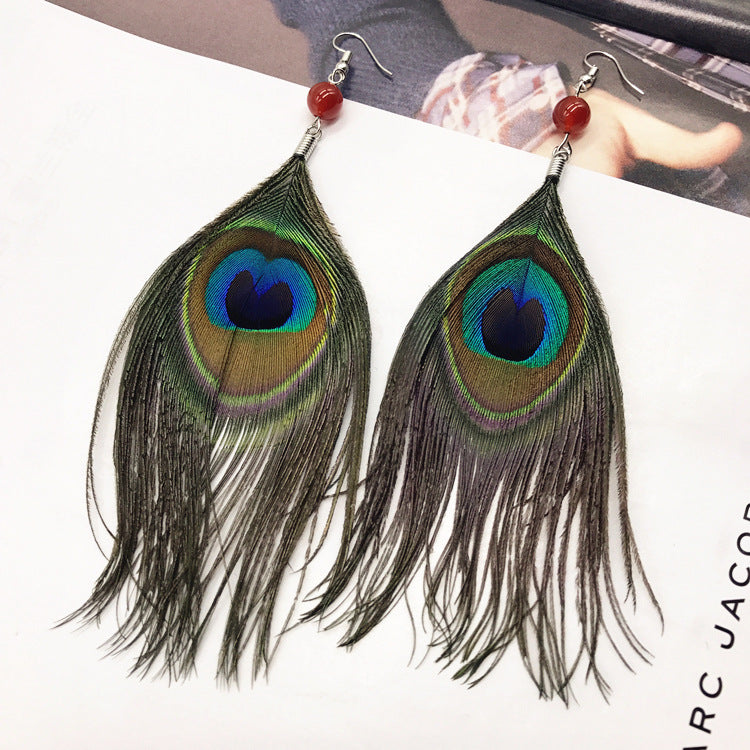 Bohemian Vintage Peacock Feather Long Dangle Earrings in unique design