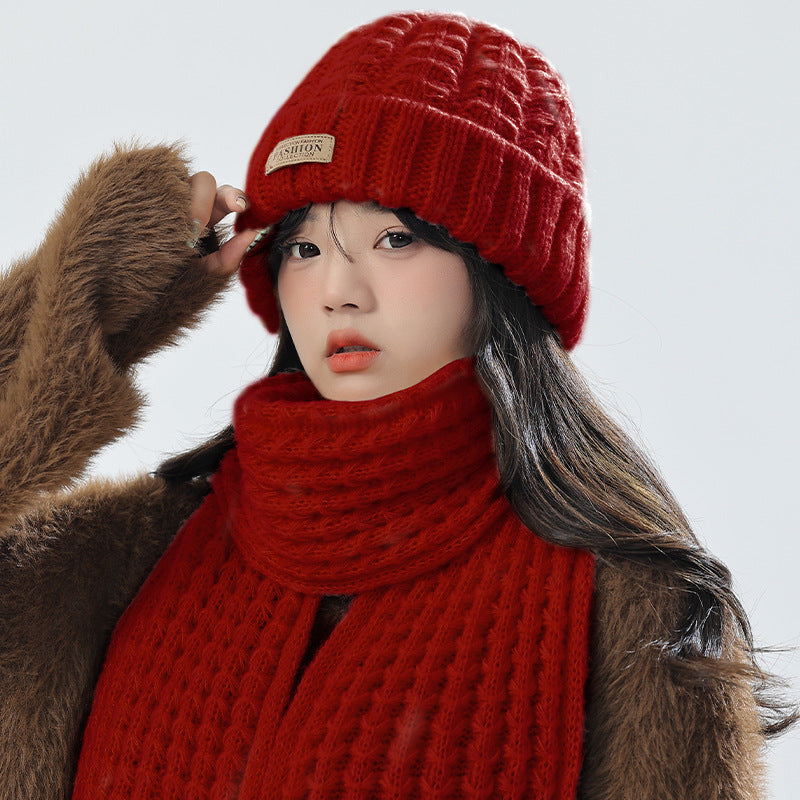 Winter knit hat and scarf set in pink color