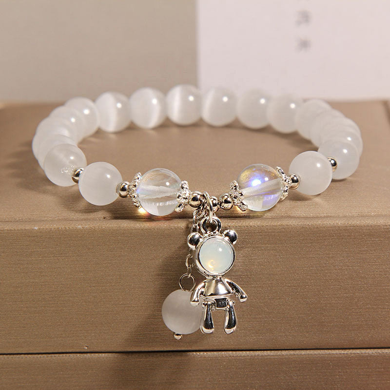 Cat's eye beaded bracelet with clover charm for women