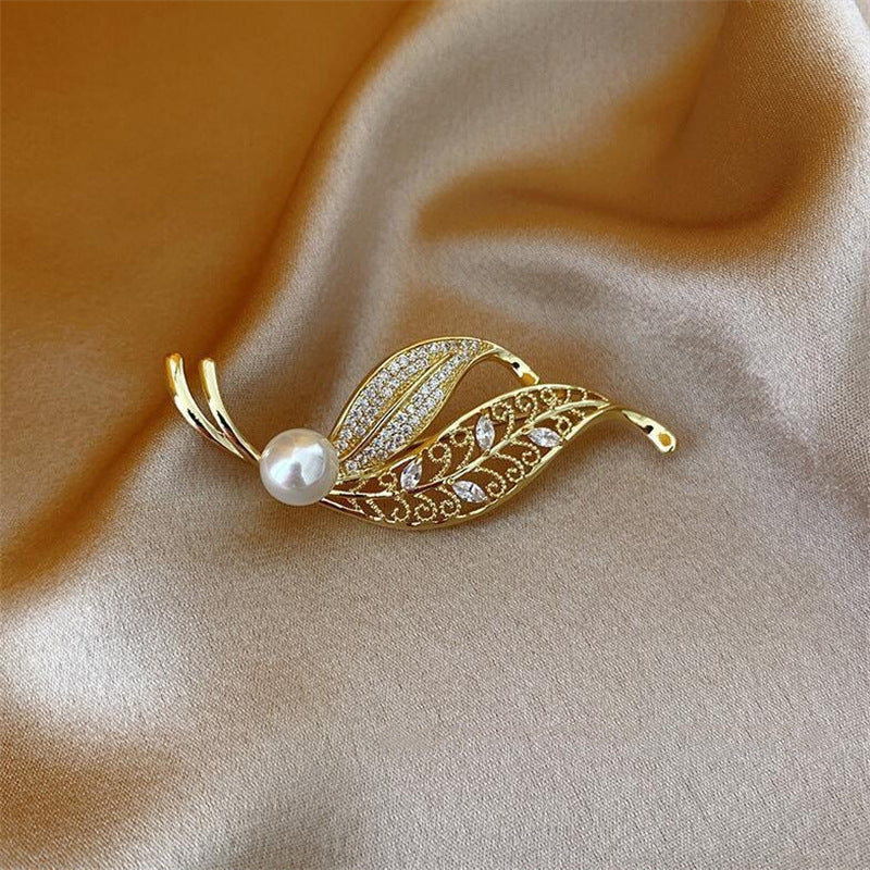 Leaf brooch pin with pearl accents