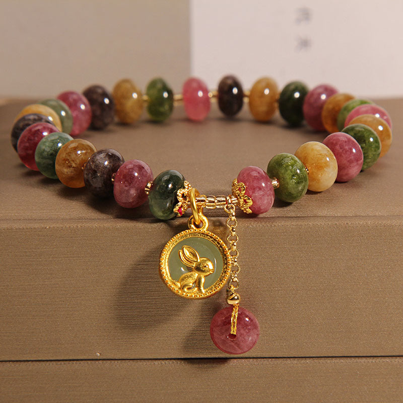 Natural multicolored tourmaline bracelet with rabbit pendant