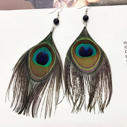 Bohemian Vintage Peacock Feather Long Dangle Earrings in unique design