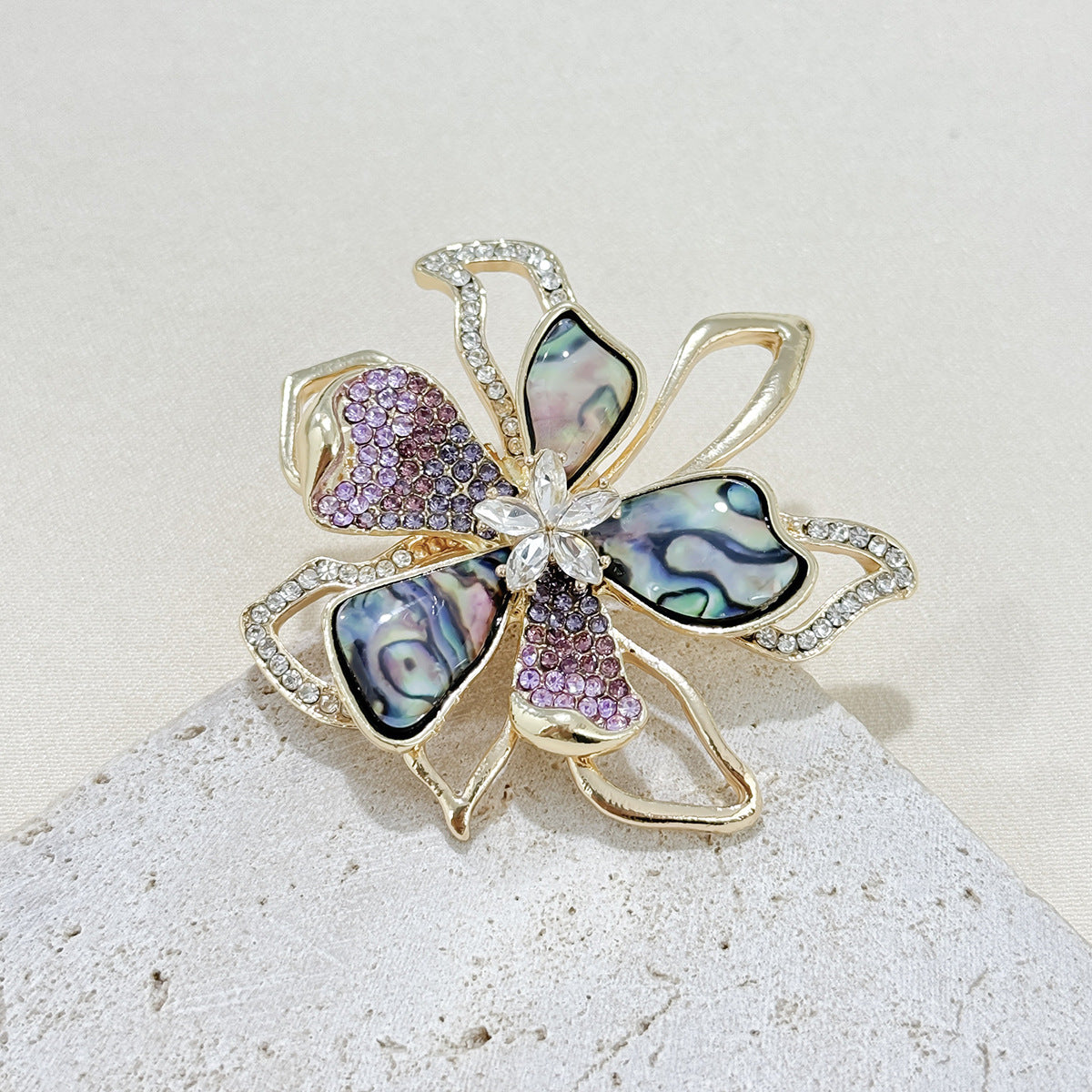 Close-up of rhinestone brooch detail