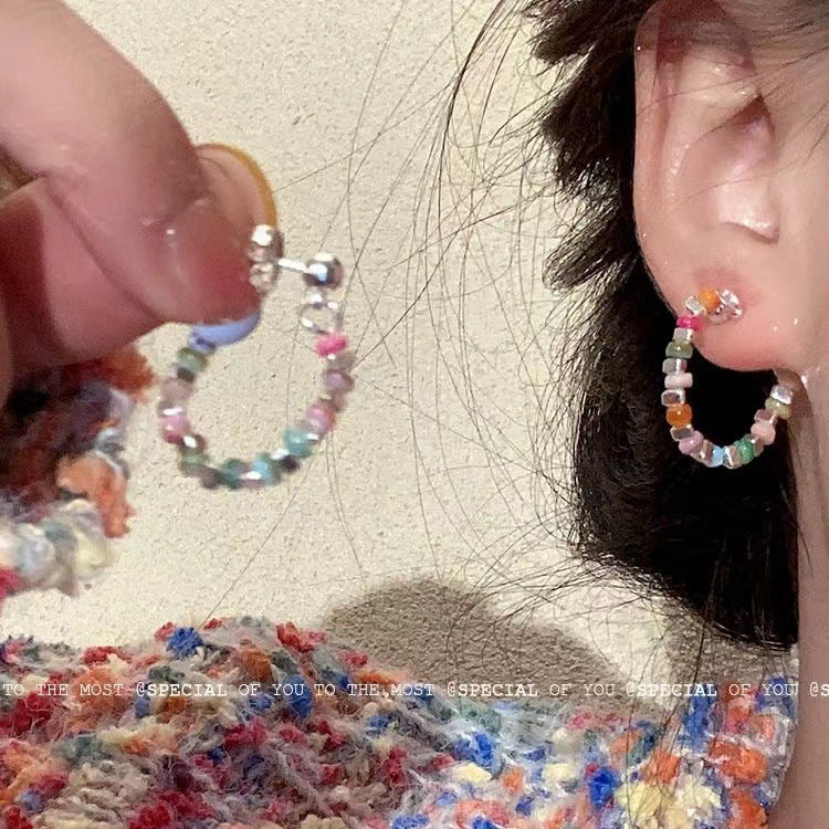 Colorful Beaded Silver Stud Earrings Image 9