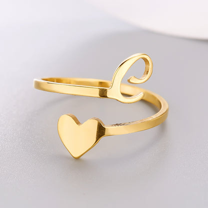 Stainless steel adjustable letter ring in unique heart design