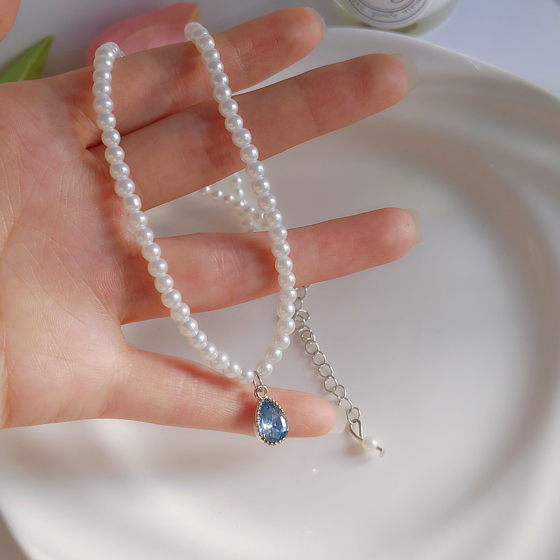 blue waterdrop pearl necklace image 2