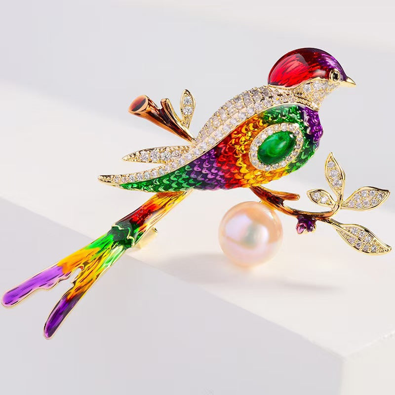Magpie jewelry worn on a woman's dress
