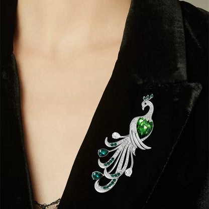 Stylish green zircon peacock brooch on model image 2