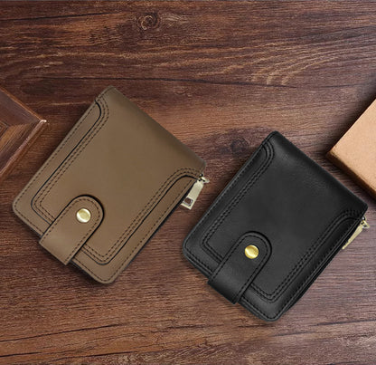 Black leather wallet with zipper and multiple card slots