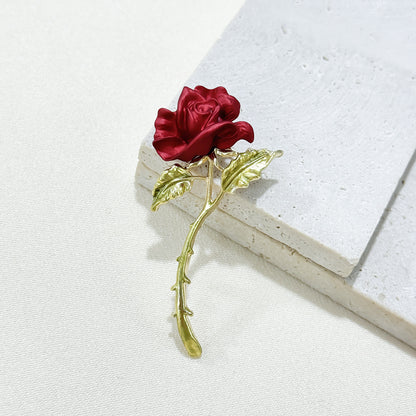Elegant Red Rose Brooch front view