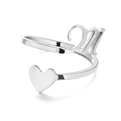 Stainless steel adjustable letter ring in unique heart design