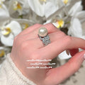 3164S Lace Honeycomb Zircon Artificial Pearl Open Ring - No Box