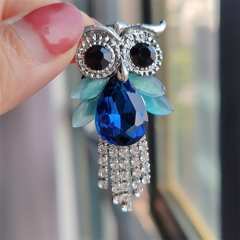 Colorful owl brooch with rhinestones